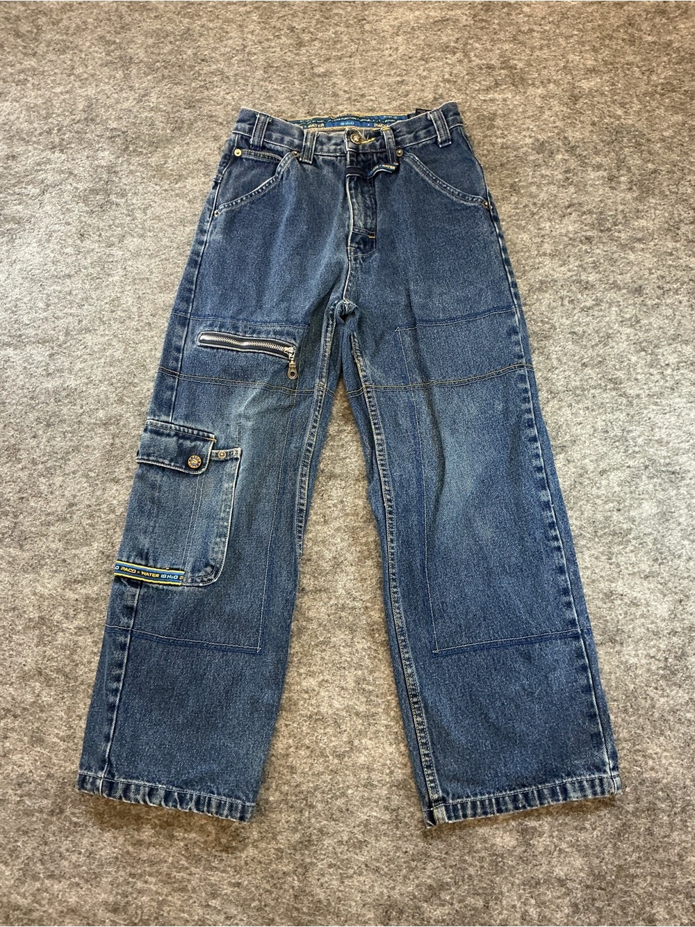 Y2K Paco = Water Blue Denim Cargo Jeans with Iconic Visible Branding Size 10